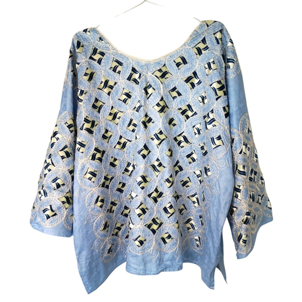 Vintage African Light Blue Embroidered Kaftan Tunic Top Wide Sleeve Velvet Large